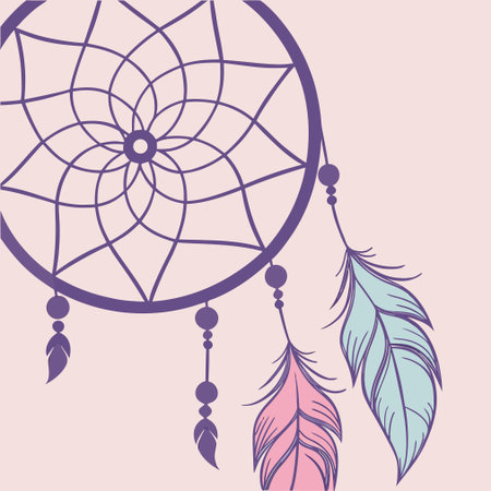 Dreamcatcher with feathers on a pink background. Vector illustration.のイラスト素材