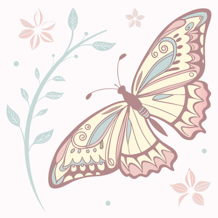Butterfly and flowers. Vector illustration in pastel colors.のイラスト素材