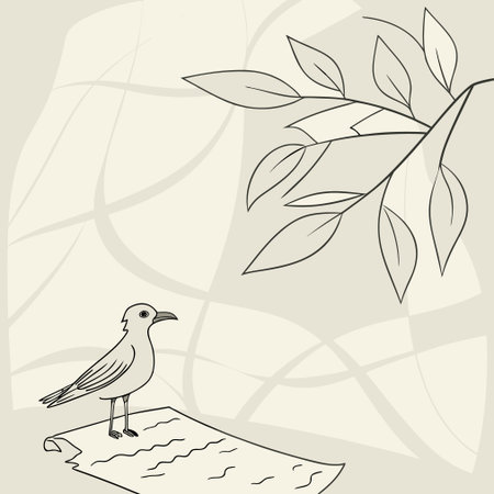 Seagull on a tree branch with leaves. Vector illustration.のイラスト素材