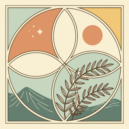 Retro background with sun, mountains and plants. Vector illustration.のイラスト素材
