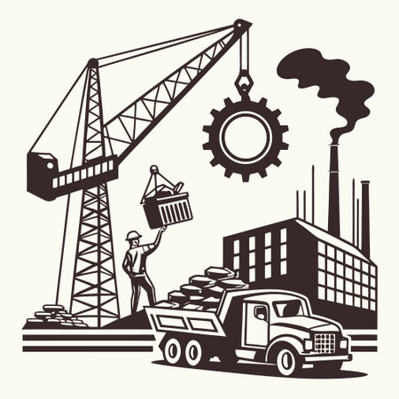 Industrial construction with crane and machinery. Vector illustration in retro style.