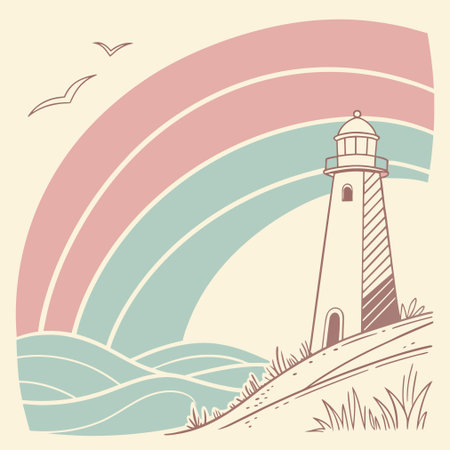 Lighthouse on the coast. Hand drawn vector illustration in retro style.のイラスト素材