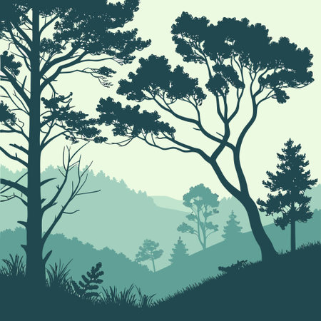 Silhouette of a pine tree in the mountains. Vector illustration.のイラスト素材
