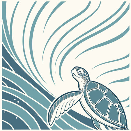 Turtle on the background of the sea waves. Vector illustration.のイラスト素材