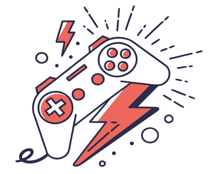 Gamepad with lightning and thunder. Line art style vector illustration.