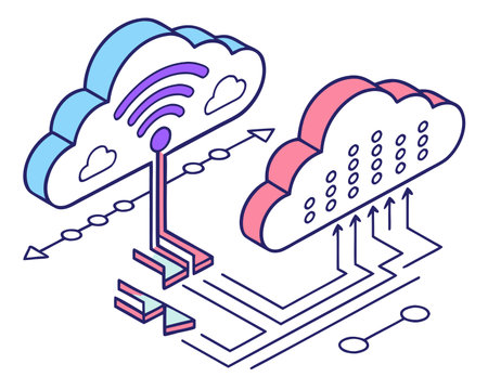 Cloud computing isometric concept. Vector illustration of cloud technology, server and network connection.のイラスト素材