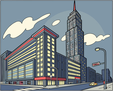 Skyscrapers in the city. Vector illustration in retro styleのイラスト素材