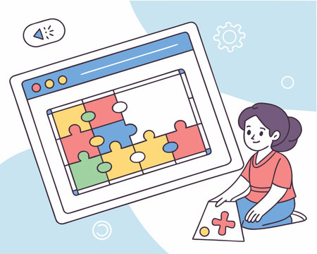 Illustration of a Girl Connecting Puzzle Pieces on a Tablet PCのイラスト素材