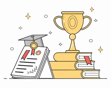 Graduation cap, diploma, books and trophy. Line art vector illustration.のイラスト素材
