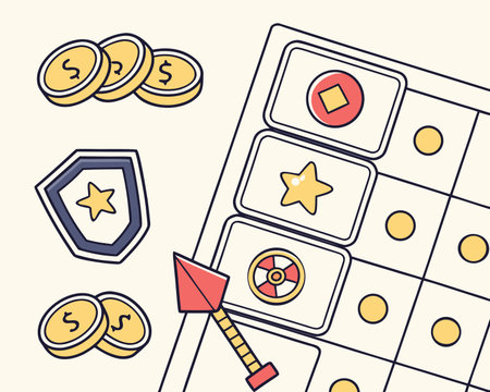 Illustration of a board game with coins, dice and a starのイラスト素材