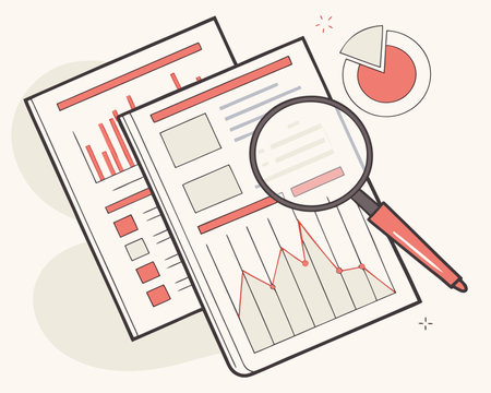 Illustration of a magnifying glass analyzing a financial document with charts.のイラスト素材