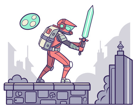 Vector illustration of a knight with a sword in his hand on the background of the city.のイラスト素材