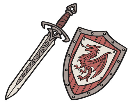 Illustration of a medieval knight's sword and shield on white backgroundのイラスト素材