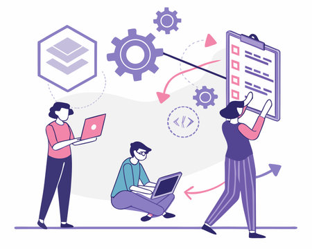Concept of Teamwork, Cooperation, Partnership, Collaboration. Business People Working with Laptop, Laptop, Cogwheels, Cogwheels. Teamwork, Teamwork, Cooperation, Collaboration. Vector Illustrationのイラスト素材