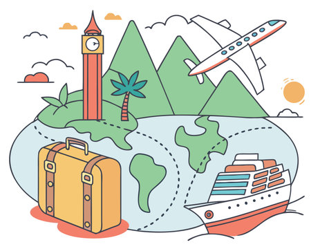 Travel around the world concept. Vector illustration in line art style.のイラスト素材