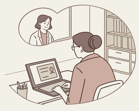 Illustration of a female doctor talking to a patient in the officeのイラスト素材