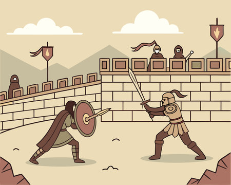 Medieval battle scene. Vector illustration in retro style. Cartoon style.のイラスト素材