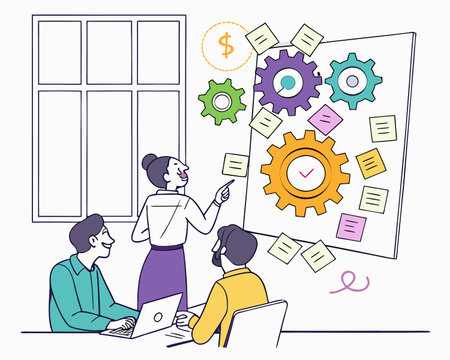 Business people working together in office. Teamwork, brainstorming, teamwork concept. Vector illustration in linear styleのイラスト素材