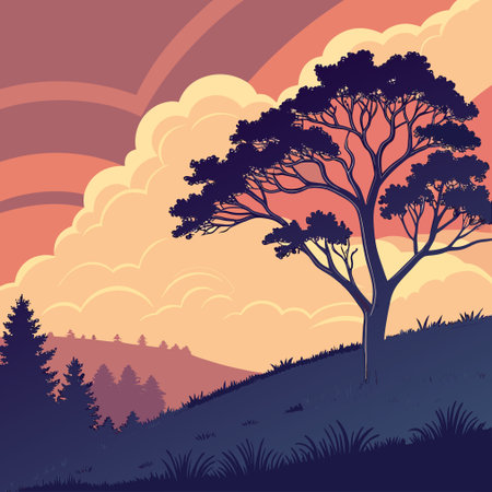 Silhouette of tree on the hill at sunset, vector illustrationのイラスト素材