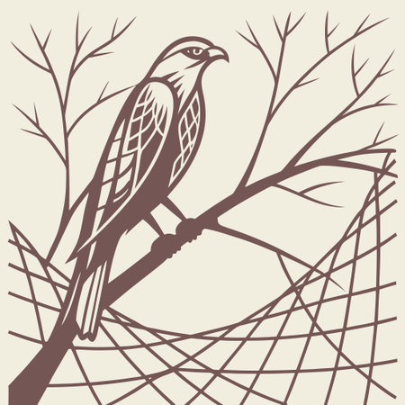 Illustration of a falcon sitting on a tree branch with spider webのイラスト素材