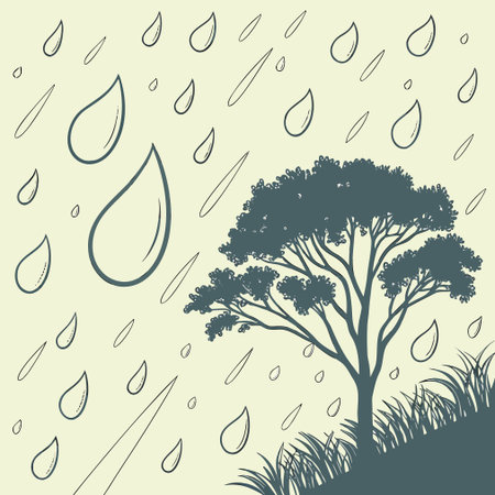Rainy season with tree and drops of water. Vector illustration.のイラスト素材