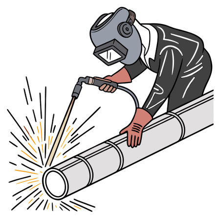 Welder welds a pipe with a torch. Vector illustration.のイラスト素材