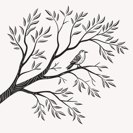 Bird sitting on a tree branch. Black and white vector illustration.のイラスト素材