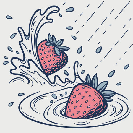 Strawberry and water splash. Vector illustration in doodle style.のイラスト素材