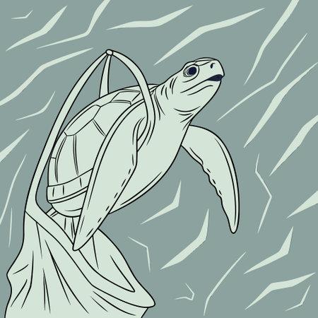 Turtle in a bag on a background of blue waves. Vector illustration.のイラスト素材