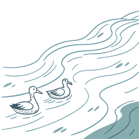 Illustration of two ducks swimming on a lake with waves in the backgroundのイラスト素材