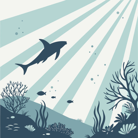 underwater background with shark, corals and seaweed vector illustrationのイラスト素材
