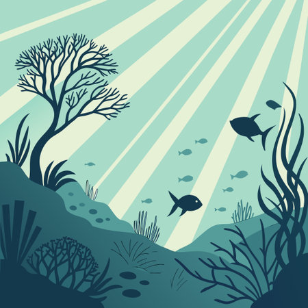 Underwater scene with corals, seaweed and fish. Vector illustration.のイラスト素材