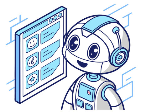 Robot with a tablet. Vector illustration of a cartoon robot.のイラスト素材