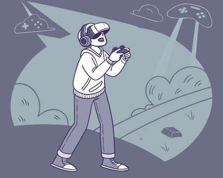 Illustration of a man playing video games in a virtual reality headsetのイラスト素材