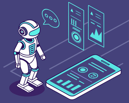 Robot with smartphone and infographic isometric concept vector illustration graphic designのイラスト素材