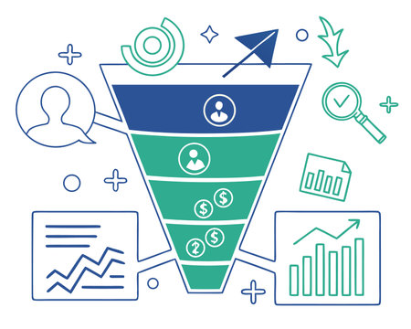 Conceptual image of marketing funnel with marketing icons and charts.のイラスト素材