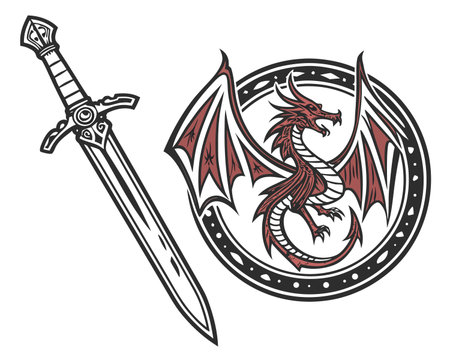 Fantasy dragon sword and shield isolated on white background. Vector illustration.のイラスト素材