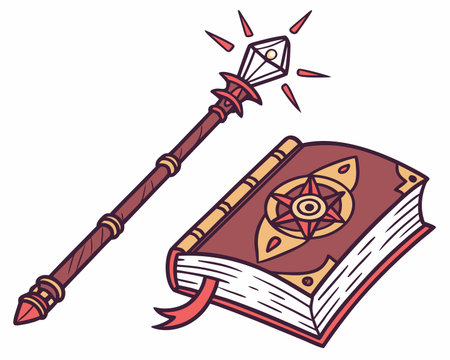 Magic book and magic wand isolated on white background. Vector illustration.のイラスト素材