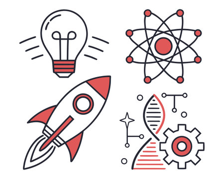 Startup icons set with rocket, gear, lightbulb, molecule and other elementsのイラスト素材