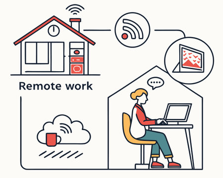 Remote work concept. Work from home. Remote work. Vector illustration in thin line style.のイラスト素材