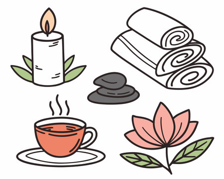 Spa and aromatherapy icons set. Hand drawn vector illustration.のイラスト素材