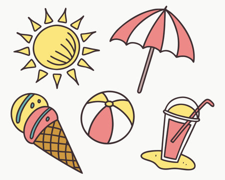 Summer icon set. Vector illustration in doodle hand drawn style.のイラスト素材