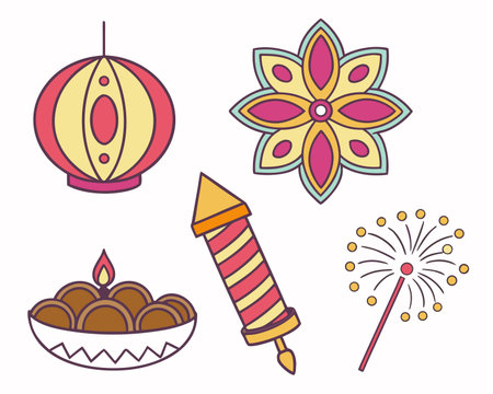 happy diwali indian festival set icons vector illustration graphic designのイラスト素材