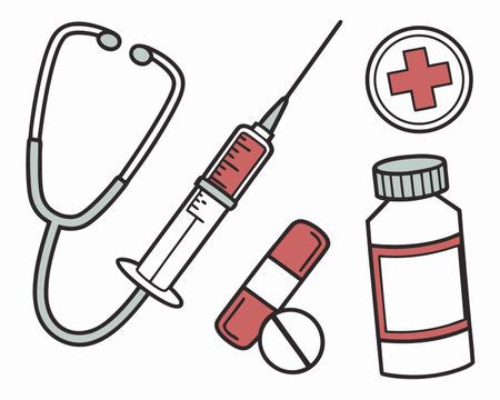 Set of medical icons. Stethoscope, syringe, pills, ampoule, vector illustrationのイラスト素材