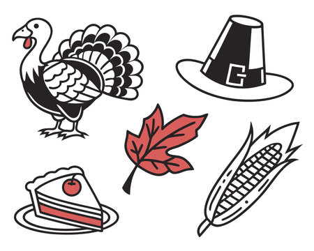 Thanksgiving icon set. Vector illustration in black and white colors.のイラスト素材