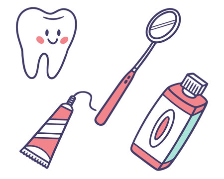 Tooth care and dental hygiene. Vector illustration in doodle style.のイラスト素材