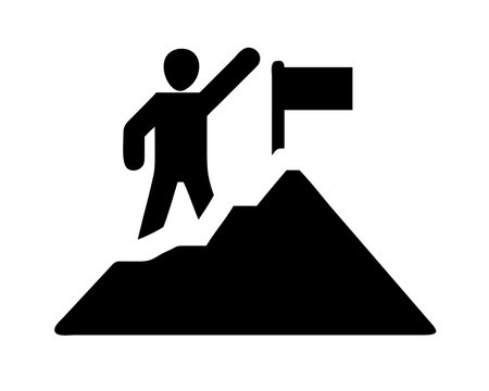 Success icon vector male person symbol with flag on mountain peak in flat color glyph pictogram illustrationのイラスト素材