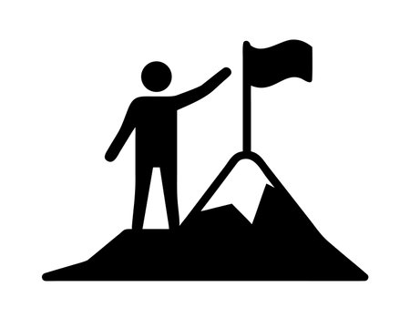 Success icon vector male person symbol with flag on mountain peak in flat color glyph pictogram illustrationのイラスト素材