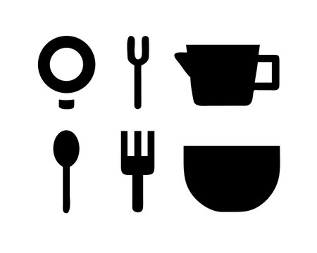 Kitchen utensils icons set. Fork, spoon, cup, plate. Vector illustrationのイラスト素材