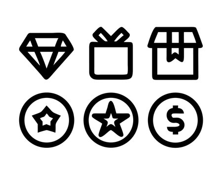Gift icon set. Gift box, star, diamond, gift box, dollar sign. Vector illustrationのイラスト素材